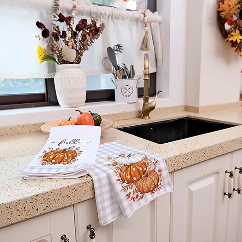 Miniatura 3 de ARKENY AD118 - Juego de 2 paños de cocina de otoño, color naranja, calabaza, gris, búfalo, 18 x 26 pulgadas, decoración del hogar de granja