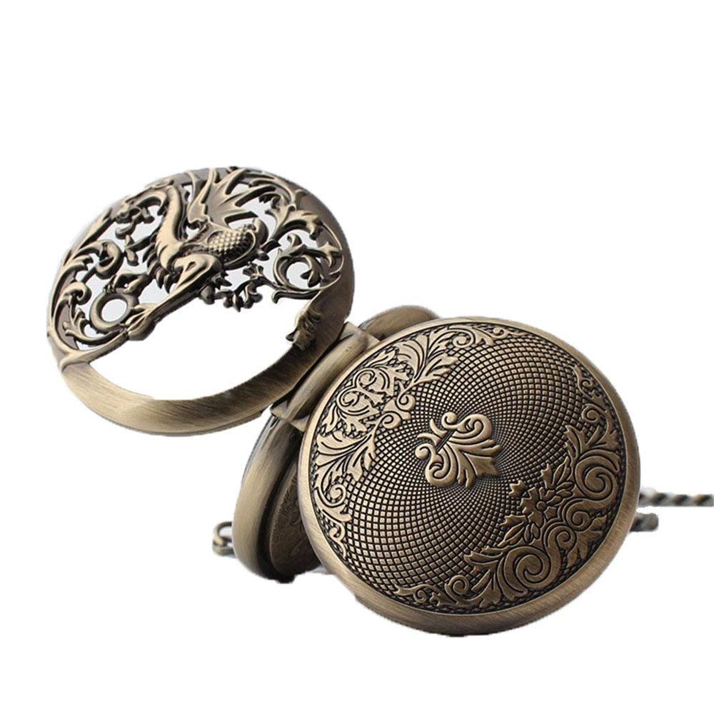 Montre de poche mécanique antique, dragon porte-bonheur et phénix, cadran squelette noir, chiffres romains avec chaîne