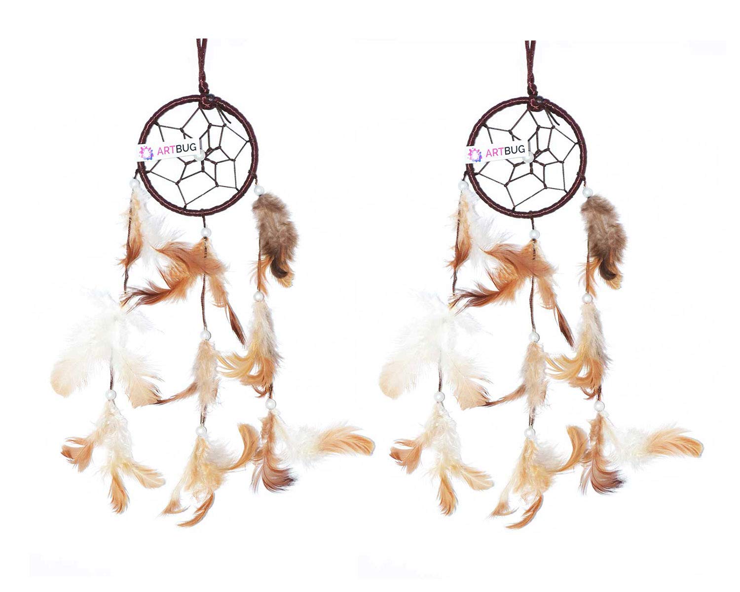 DREAM CATCHER Natural Feather Small Dream Catcher Hanging for Cars/Rooms (3 inch) - for Positive Energy and Protection (Brown/White) (Pack of 2)-picture-32