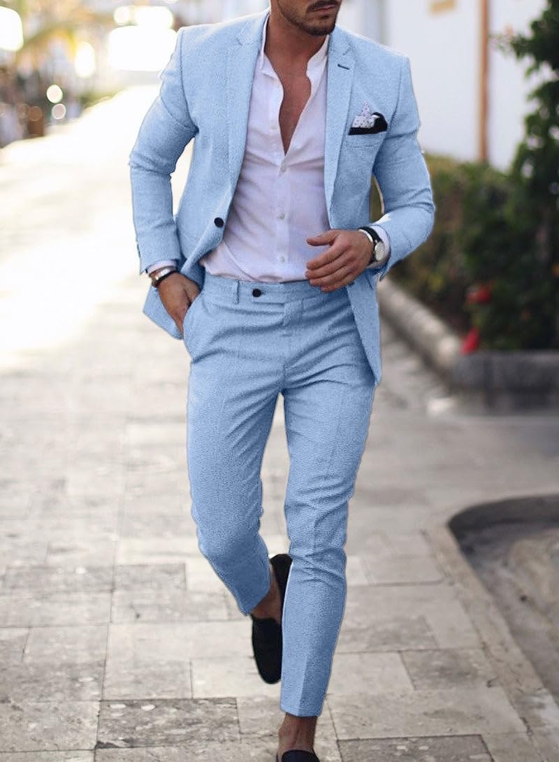 Conjunto de traje de lino para hombre, esmoquin casual, 2 piezas, blazer de ajuste regular, chaqueta y pantalones sólidos con un botón, para graduación, boda, fiesta