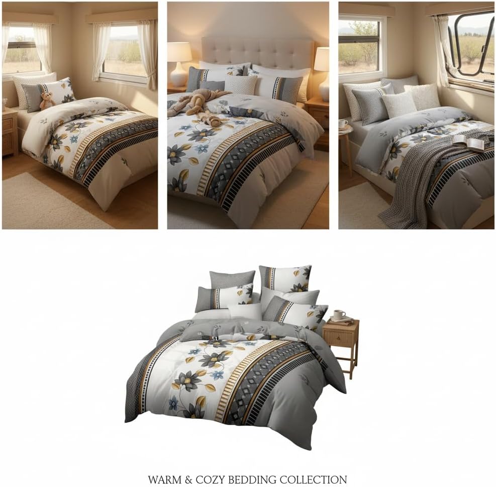 CozyCreatures Duvet Cover Queen Size Grey 4-Piece Queen Duvet Cover Vintage Bohe Striped Grey Floral Bedding Set Comforter Cover with Zipper Closure 4 Corner Ties 1 Fitted Sheet 2 Pillowcases