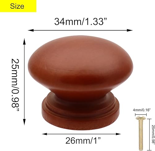 Miniatura 5 de 20 pomos de madera con forma de hongo marrón, pomos de madera para gabinetes de muebles, tiradores de una sola manija con tornillos (diámetro 1.34