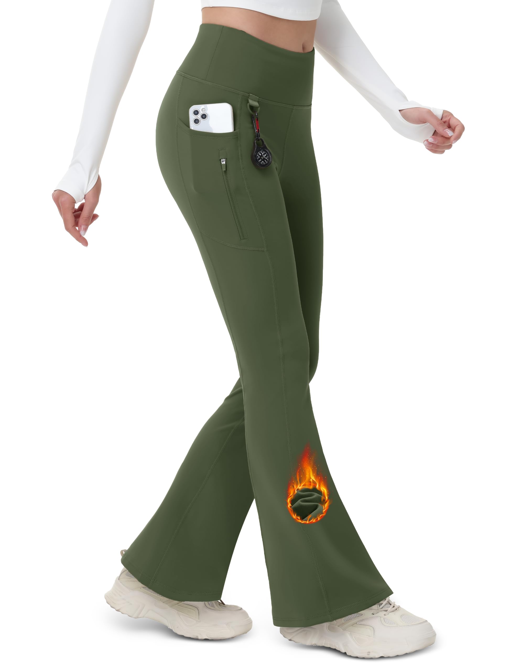 MAGCOMSEN Women's Fleece Lined Flare Leggings Waterproof Insulated Winter Pants Warm Snow Yoga Hiking Bootcut 3 Pcokets