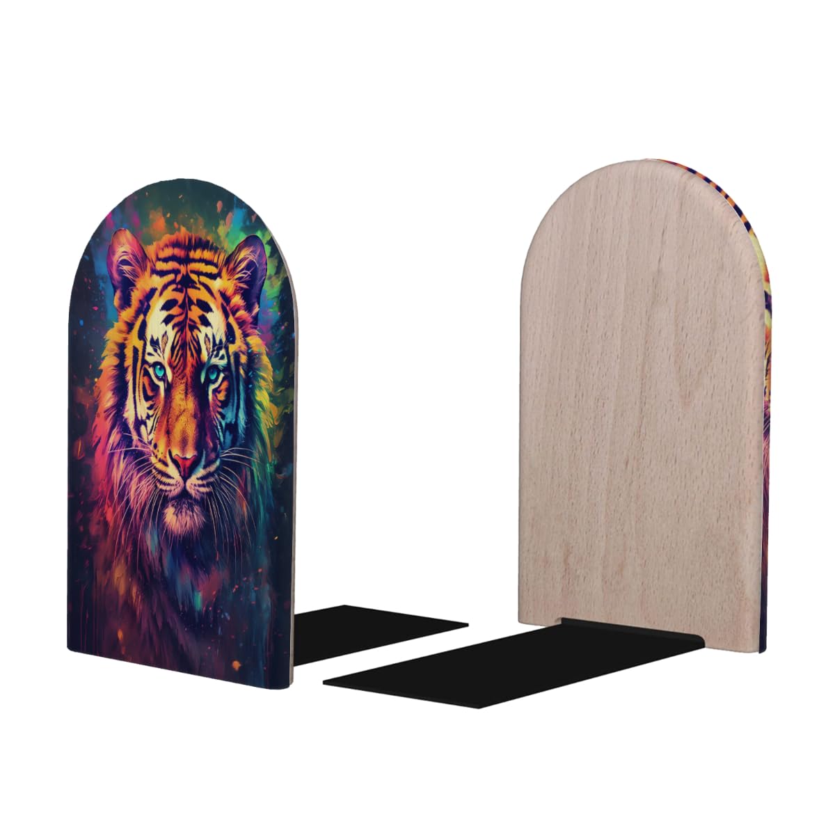 (2 PCS/1 Pairs) Wood Bookends Tiger Starry Sky Animals Decorative Wood Bookends for Student School Shelves Kids Room Desk Home Office Book Stoppers for Holiding Books 5x3 Inch