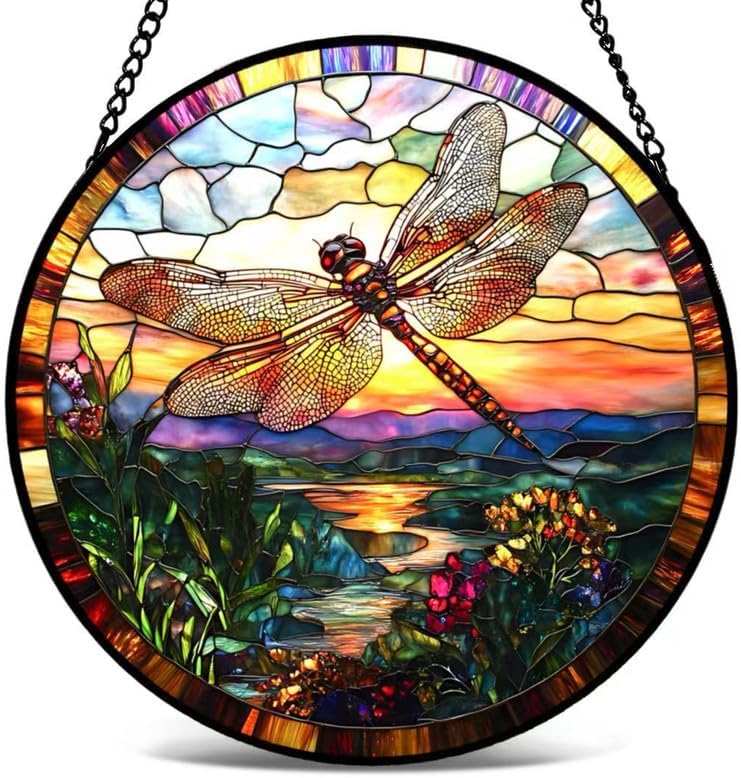 Dragonfly Stained Glass Suncatcher Tiffany Style Dragonfly Window Hanging with Sunset Landscape, Round Colorful Glass Sun Catcher for Home Window