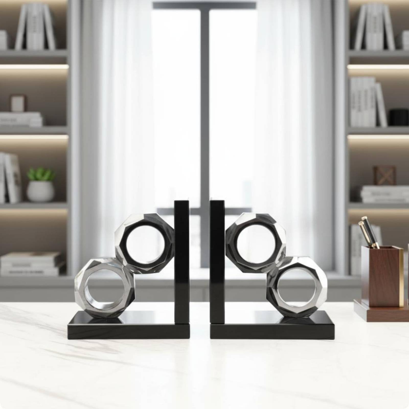 KESOTO 2 Pezzi Fermalibri Geometrici Reggilibri Sopralibri Fermacarte in Cristallo con Anelli Sfaccettati E Base Solida per Mantenere in Piedi Adatti per Scrivania Libreria Casa Sala Lettura