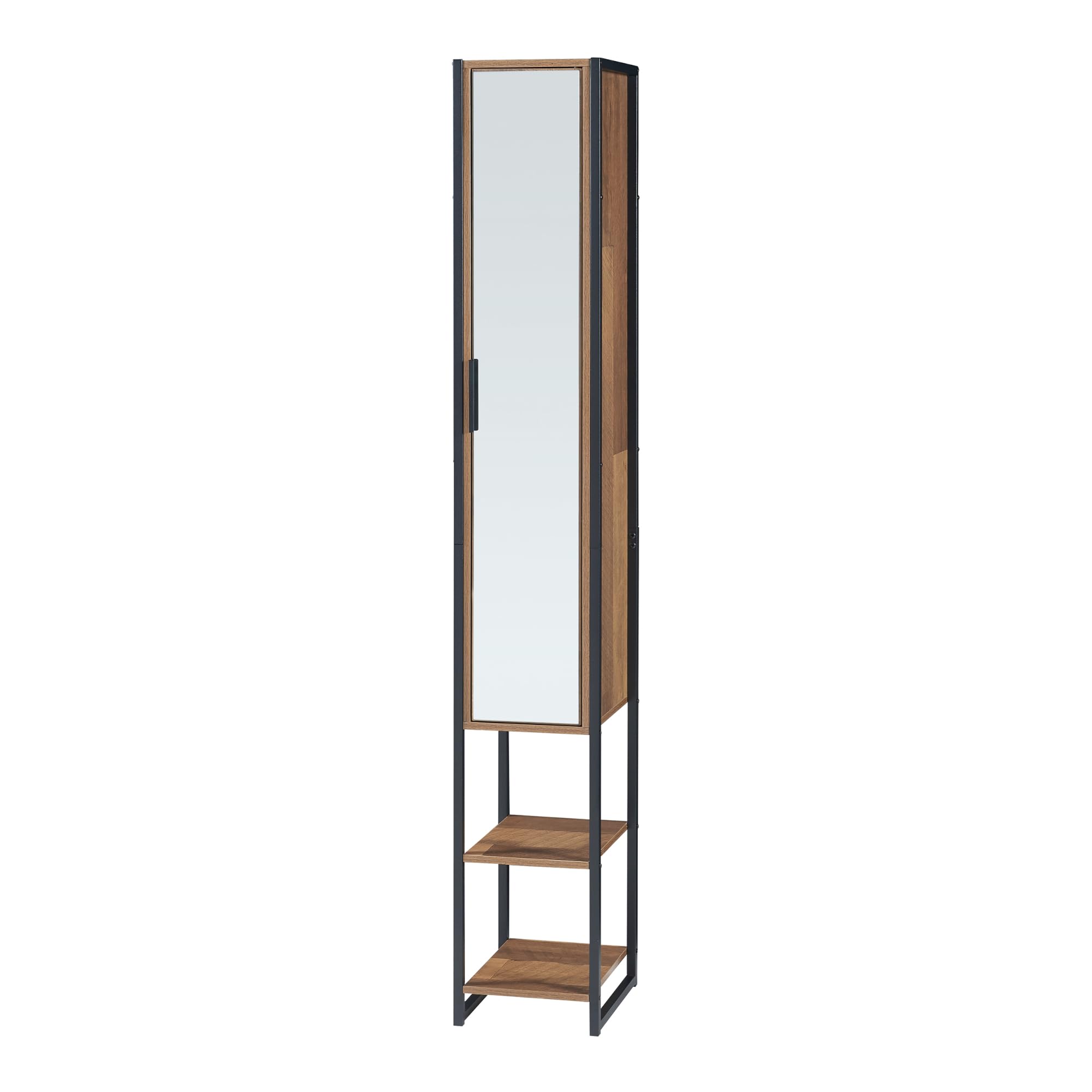 [en.casa] Armario Alto Namsskogan Columna de Baño con 2 Compartimentos Abiertos y 5 Cerrados Mueble Auxiliar Alto Baño Puerta con Espejo Aglomerado Metal 160 x 24 x 30 cm - Efecto Nogal y Negro