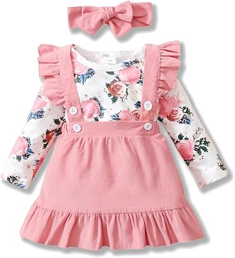 Autumn and Winter Baby Long-Sleeved Suspender Jumpsuit Dress Set 3-Piece Baby Girl Clothes