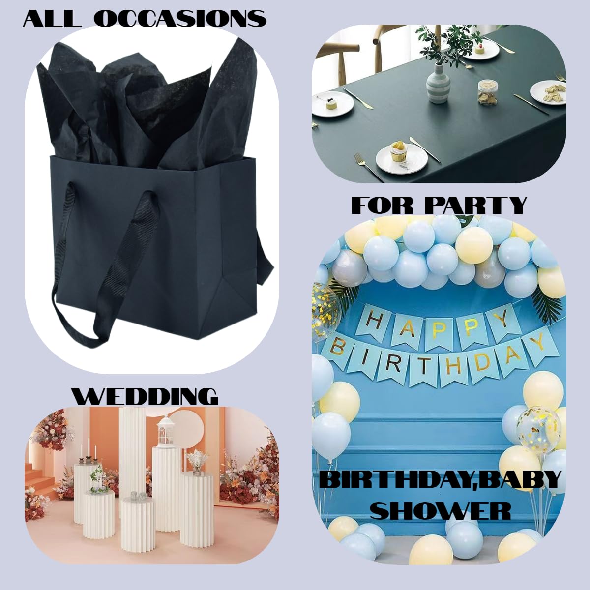 JUNESHE 4 Pack Small Black Gift Bags with Tissue Paper,6.3 inch Mini Tiny Little Paper Bag for Birthday Party Favors Baby Bridal Shower Shopping Presents Wedding