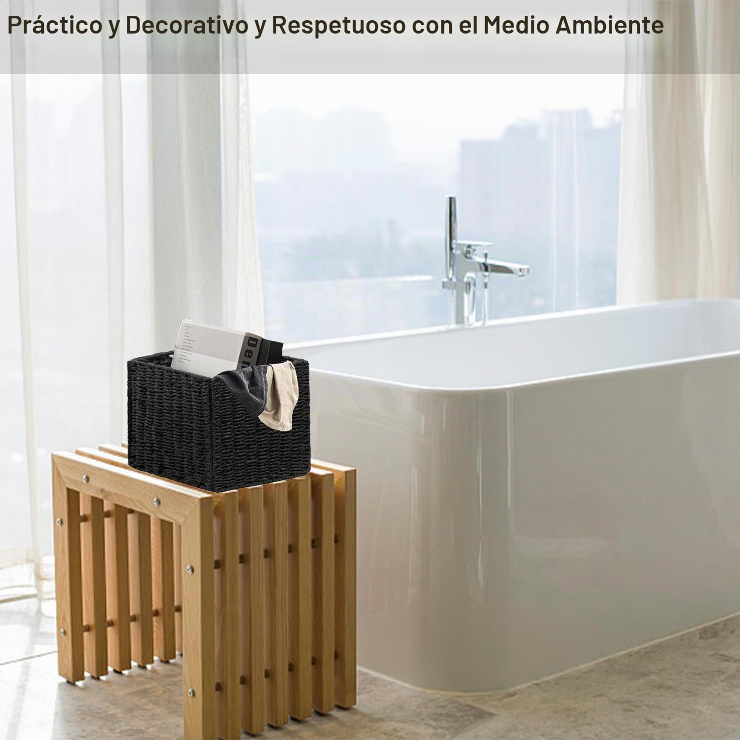 2 Cestas de Almacenaje, Cesta Mimbre Tejidas a Mano Cubo 28CM, Cesta Grande Plegable de Papel de Jacinto de Agua con Asas, Cesto Decorativo para Baño Estanterías Kallax Cocina