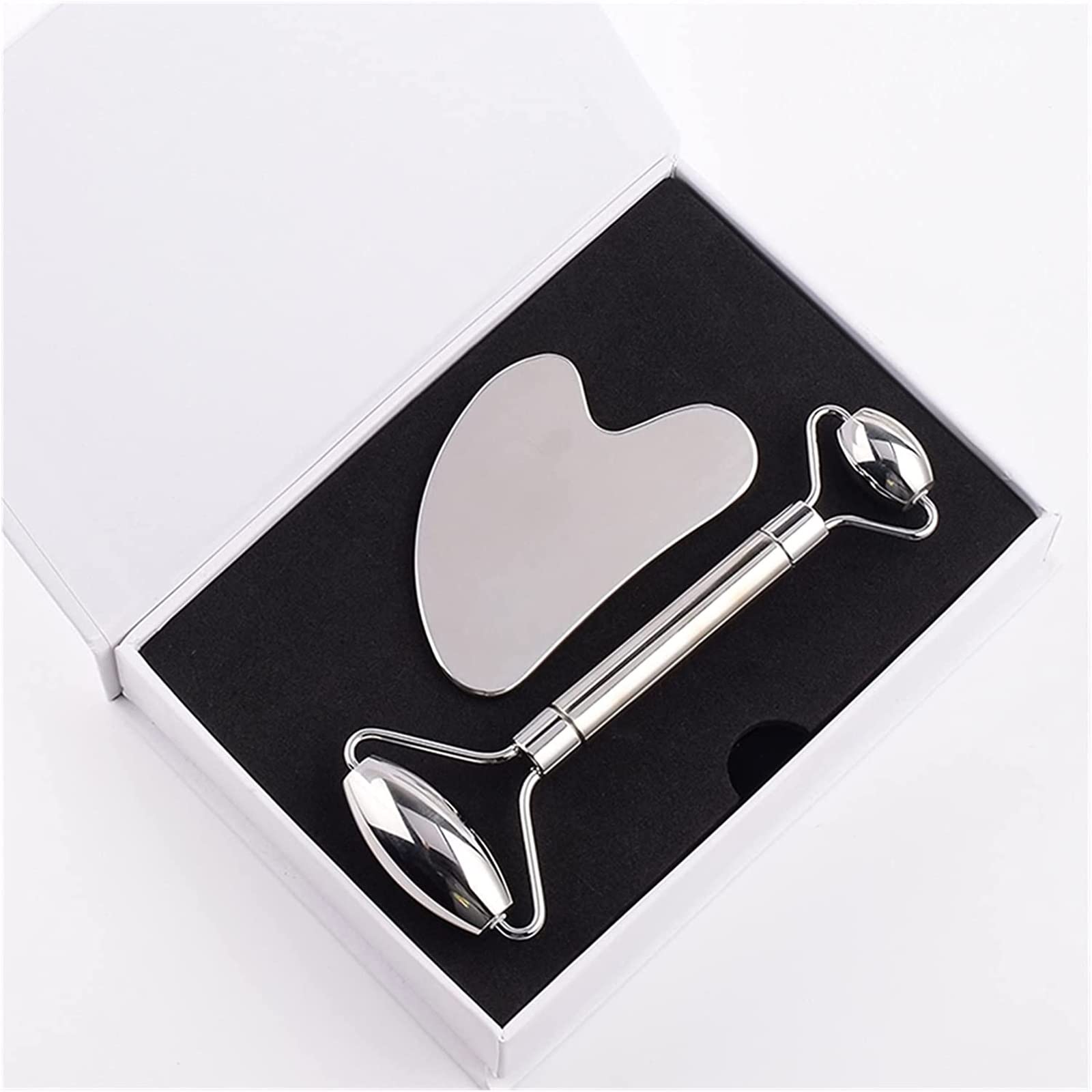AMAZWI Gua sha Tablero raspador de Acero Inoxidable Rodillo Facial Gua Sha Tool Tool Massaje de Cuidado de la Cara Cristal Jade Rose Quartz Health Anti Wrinkle Celulite Massage Massage Tool Tool
