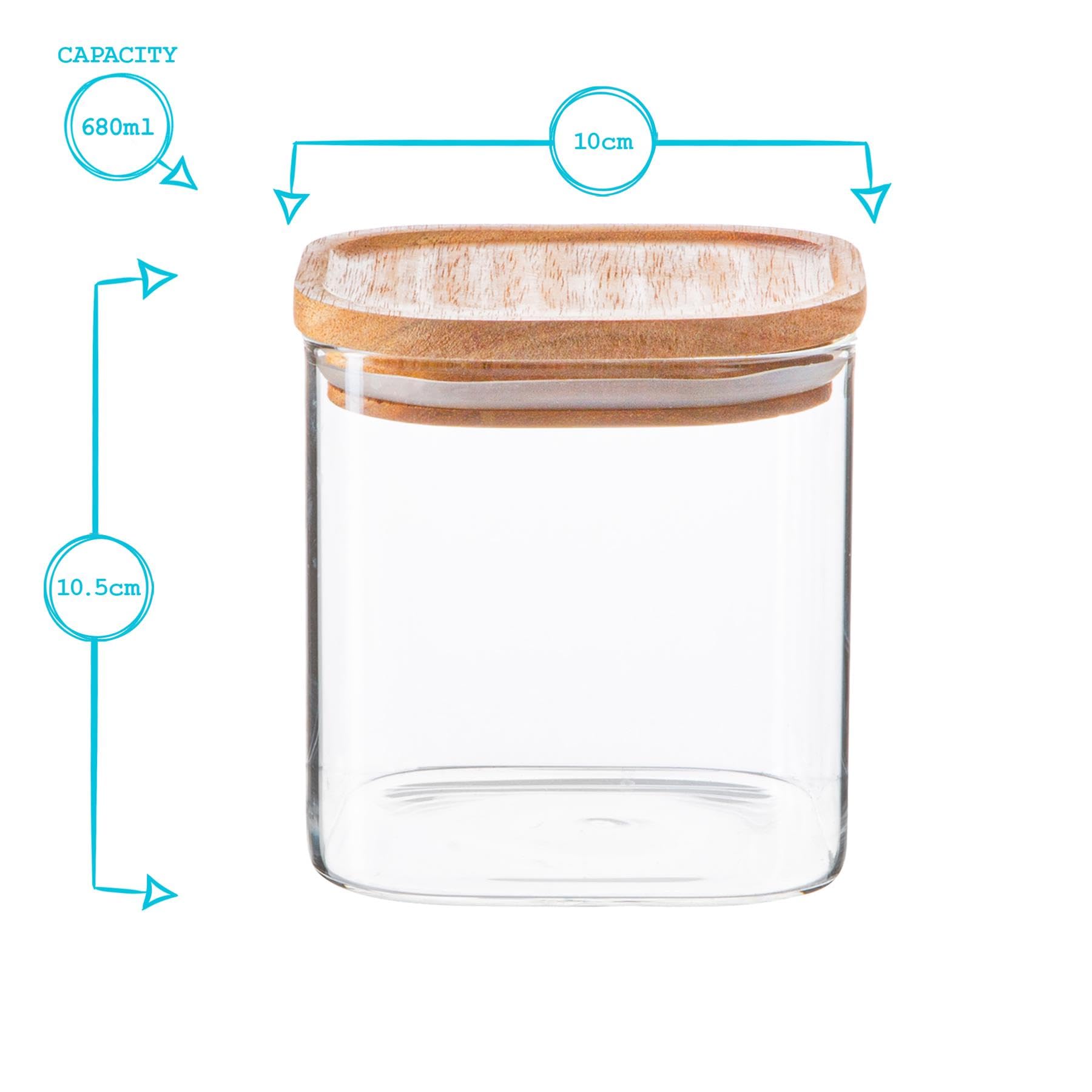 Argon Tableware Bocaux de Rangement Carrés en Verre avec Couvercles Hermétiques en Bois - 680ml - 4 Paquet - Moderne Cuisine Récipient pour le Conservation, Marinage, Chutney, Confiture, Café, Olives