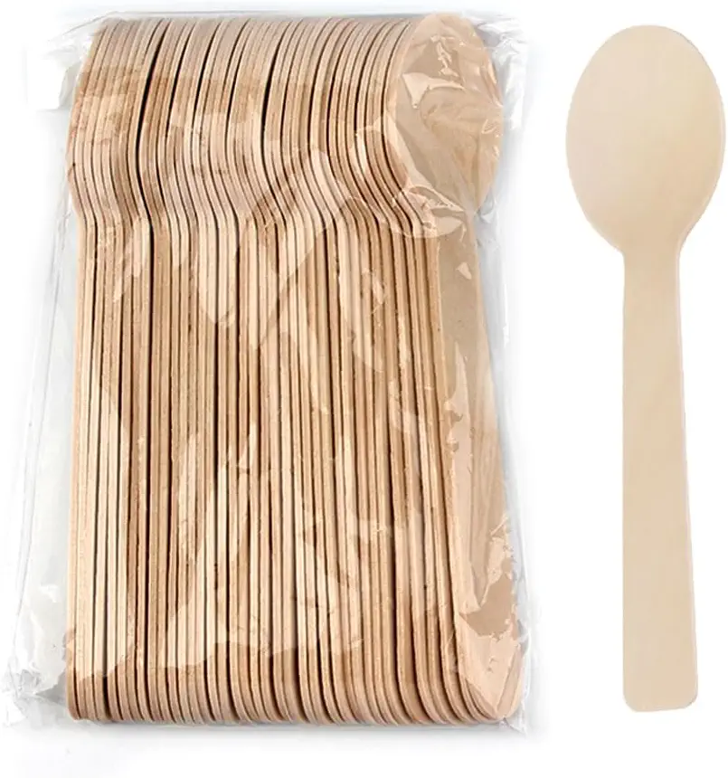 100 disposable wooden spoons, biodegradable, environmentally friendly, compostable, environmentally friendly materials, suitable for gatherings.