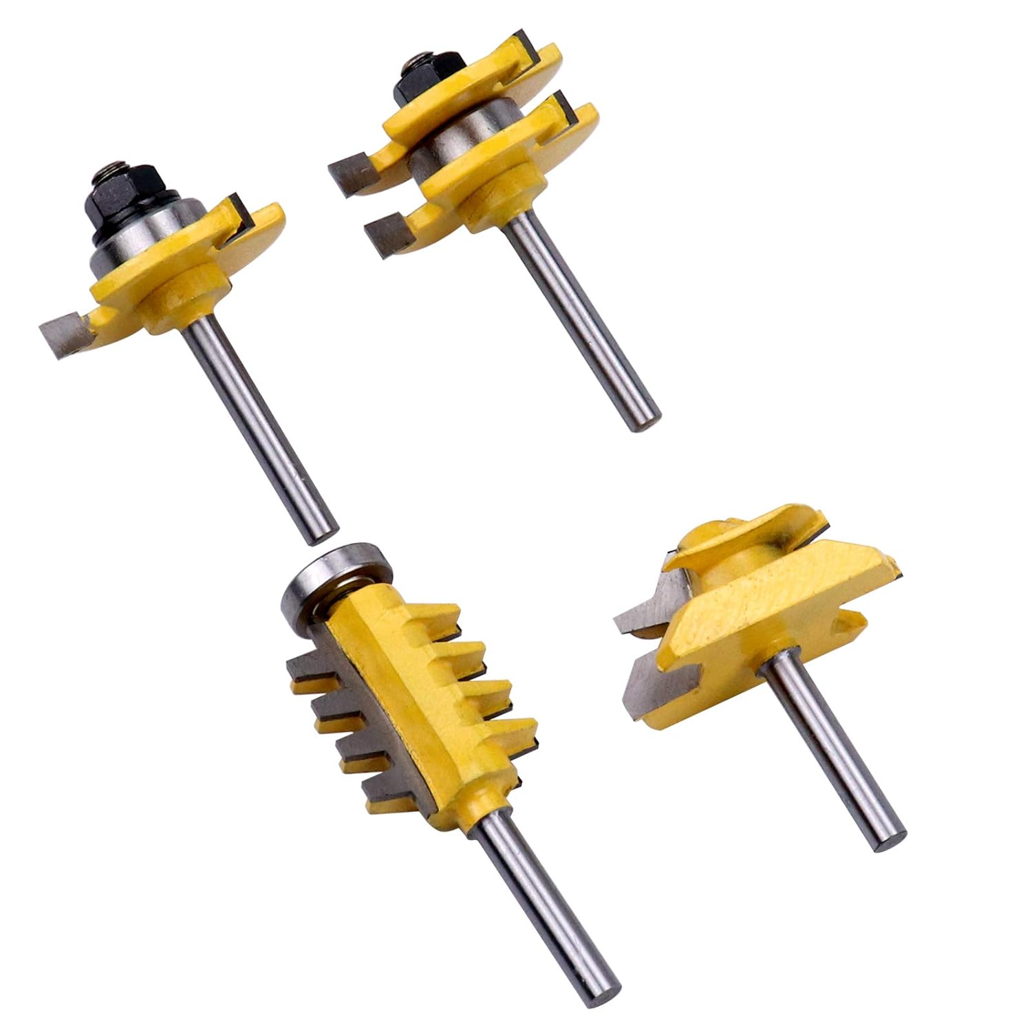 45 Degree Lock Miter Router Bit & T Shape Tongue and Groove Bit & Finger Joint Bit 1/4 Inch Shank Woodworking Milling Cutter Tool 4-Piece Set
