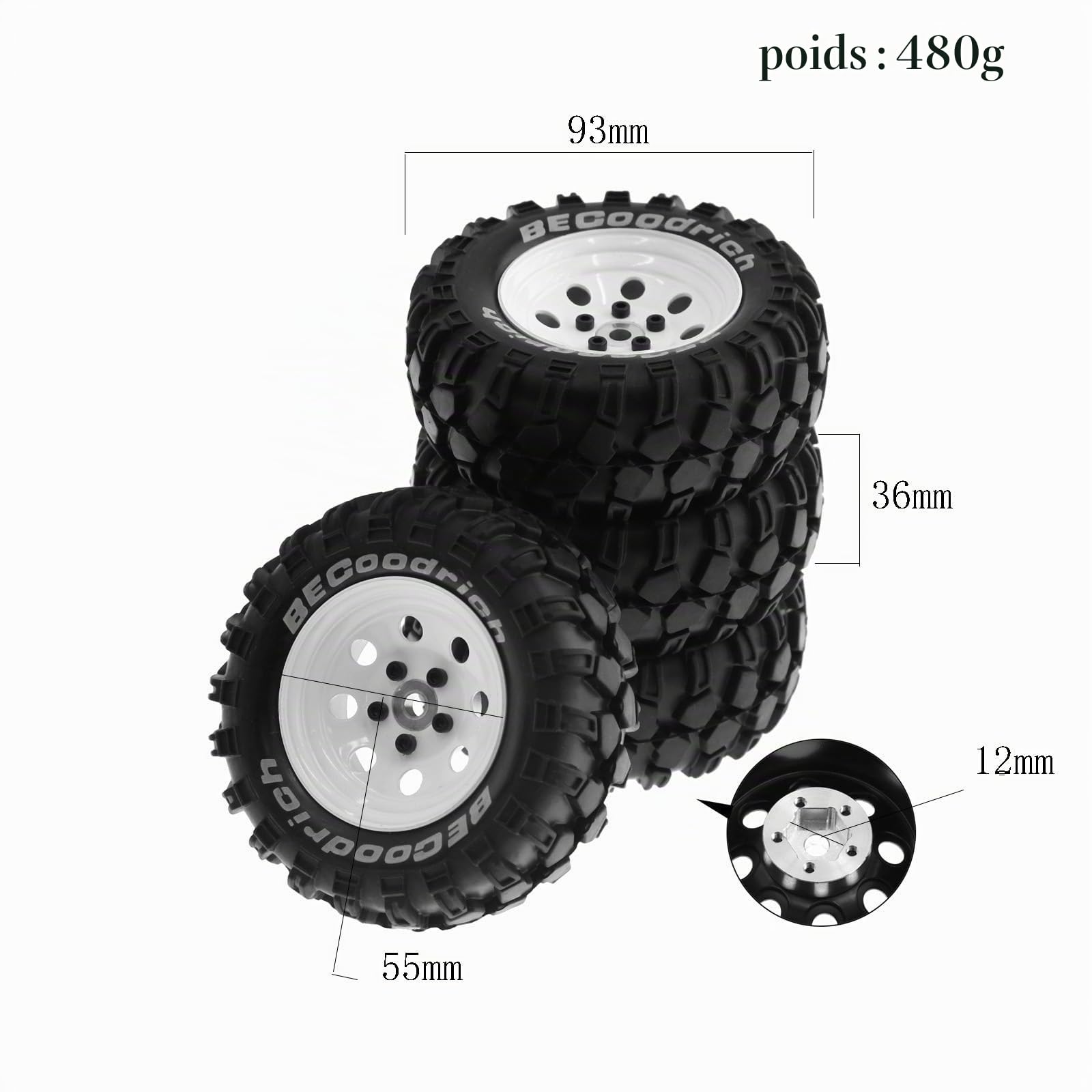 4 Pièces 1,9 Pouces Jante en Métal Pneu en Caoutchouc pour 1/10 RC Chenille TRX4 SCX10 D90 4103 90046 FR4 FMS NT4-Pièces Blanches