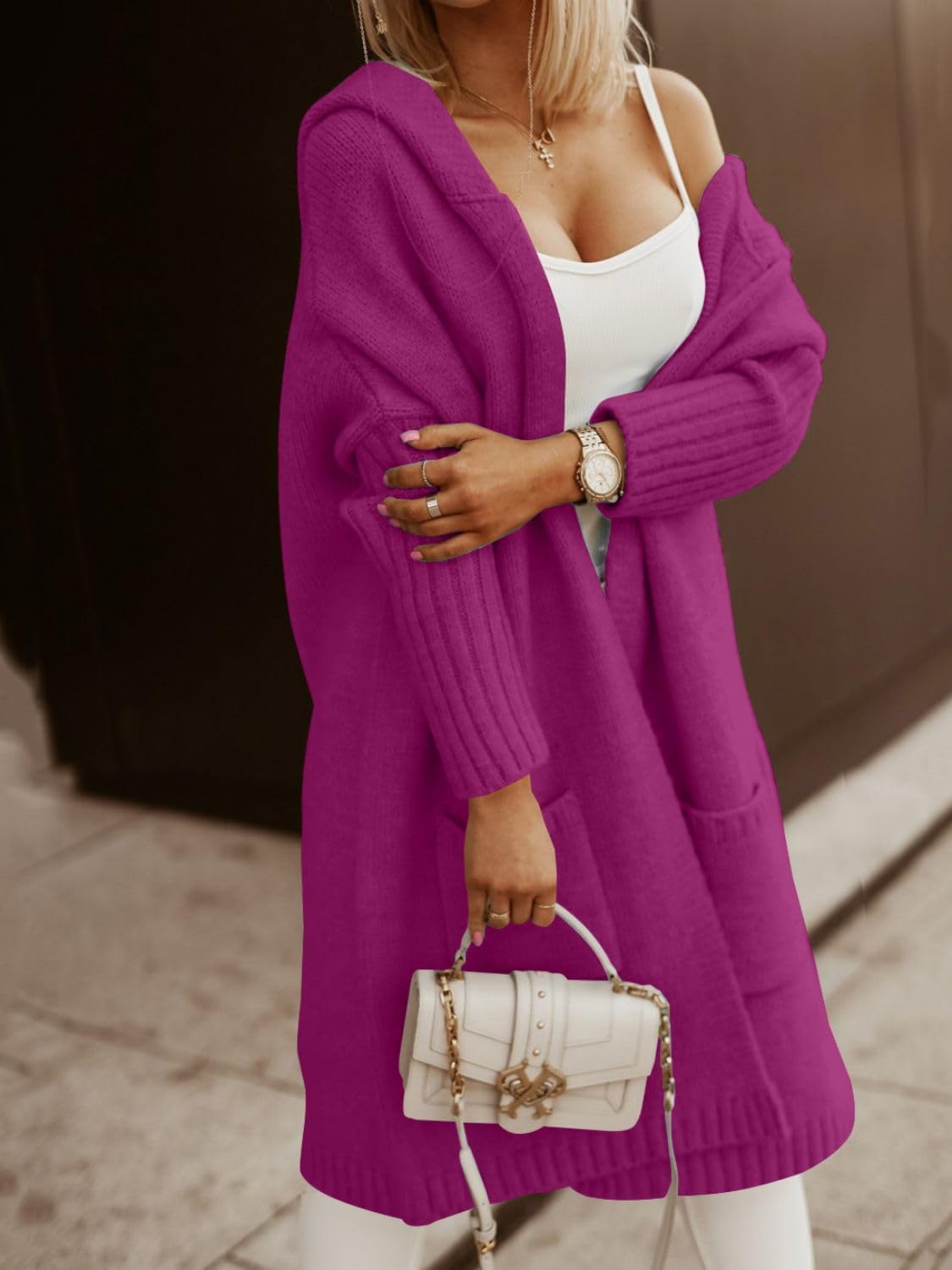 Aoysky Womens Long Cardigans Cable Knitted Open Front Oversized Hooded Outerwear Sweater Coat - Image 2