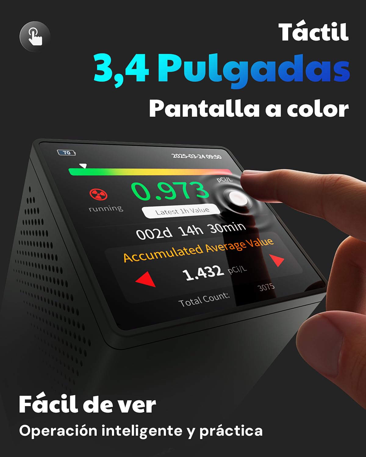 HOUND-2033 Detector de radón, Pantalla táctil 3,4", actualizaciones Cada 10 min, alarmas sonoras/visuales, portátil, Recargable, monitoreo prolongado, exportación USB, pCi/L o Bq/m³ – Negro
