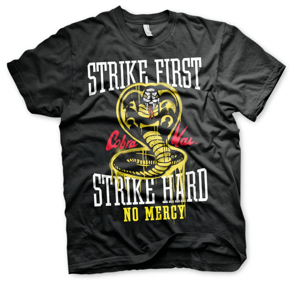 Cobra Kai Men's Black Officially Licensed Strike First - Strike Hard - No Mercy T-Shirt (Black), Large