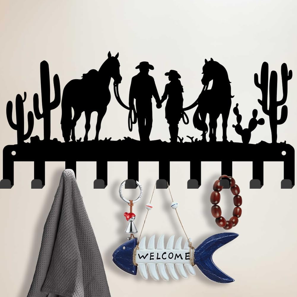 SUPERDANT Western Cowboy Couple Metal Key Hook Cowboy Cactus Decorative 10 Hooks Black Key Hanger Organizer Wall Hanging Hooks Personalized Holder Rack Dog Leash Hanger for Home Wall Front Door image 2