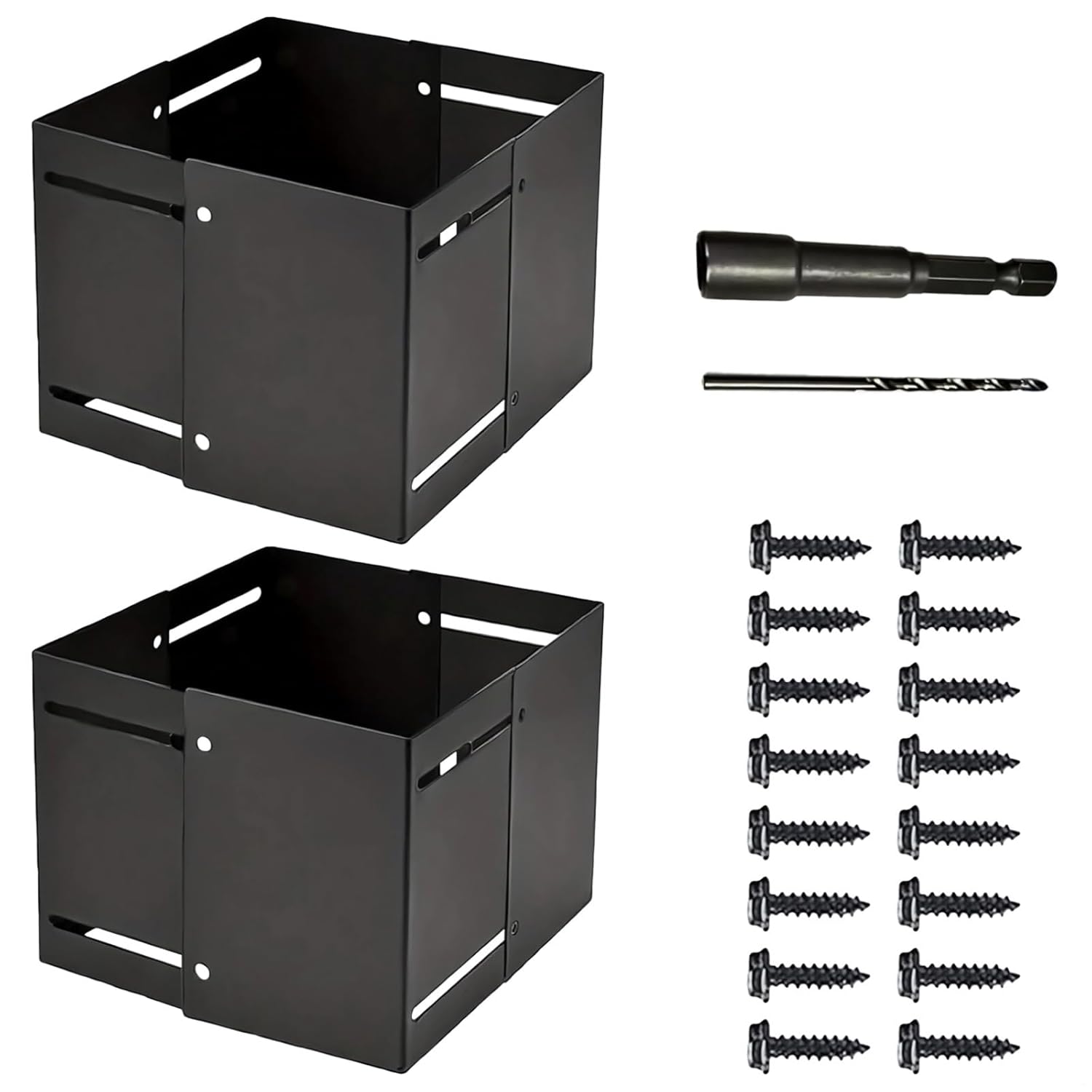 Generic Black Post Protector Set, 2 Pcs Adjustable Metal Deck Post Base Cover, Mailbox Post Protection Kit, with Install Tools