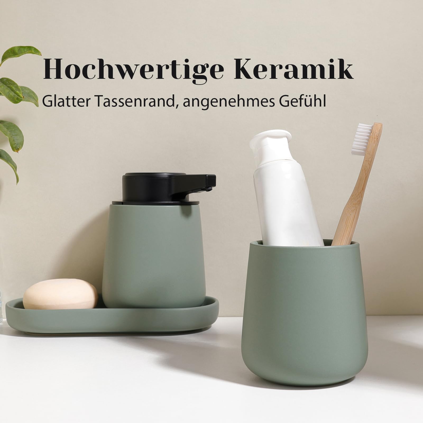 Juego de baño de 3 piezas, dispensador automático de jabón de 350 ml, recargable, vaso para cepillos de dientes de 280 ml y bandeja, moderno juego de baño minimalista verde, accesorios de