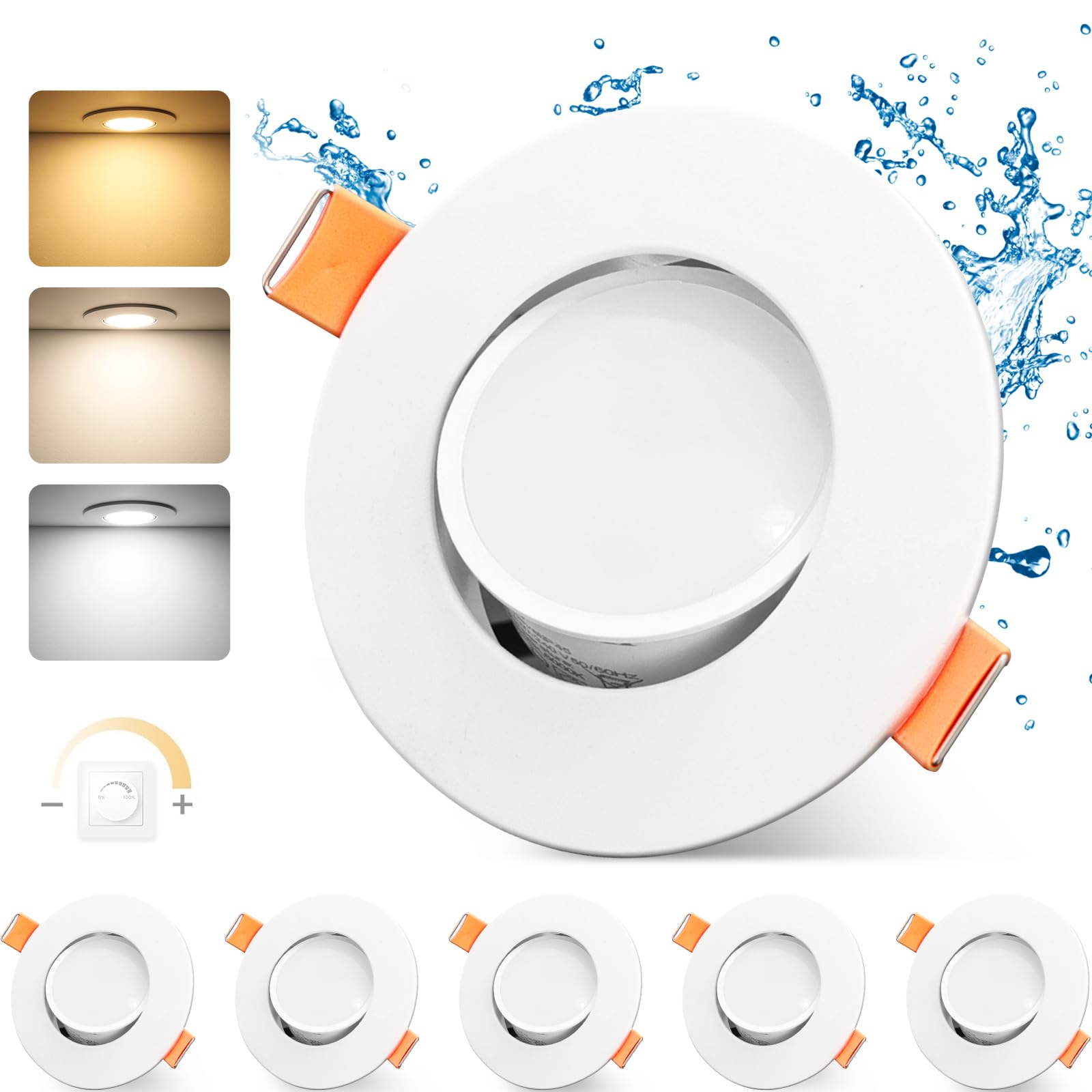 GeyouLux LED Einbaustrahler 230v Dimmbar 68-80mm 4.9W IP44 Ultra Flach LED Spots 3000K/4000K/6000K Deckenspots für Badezimmer Wohnzimmer 45°Schwenkbar Einbauleuchten Küche Spots Deckenleuchte 6er Set