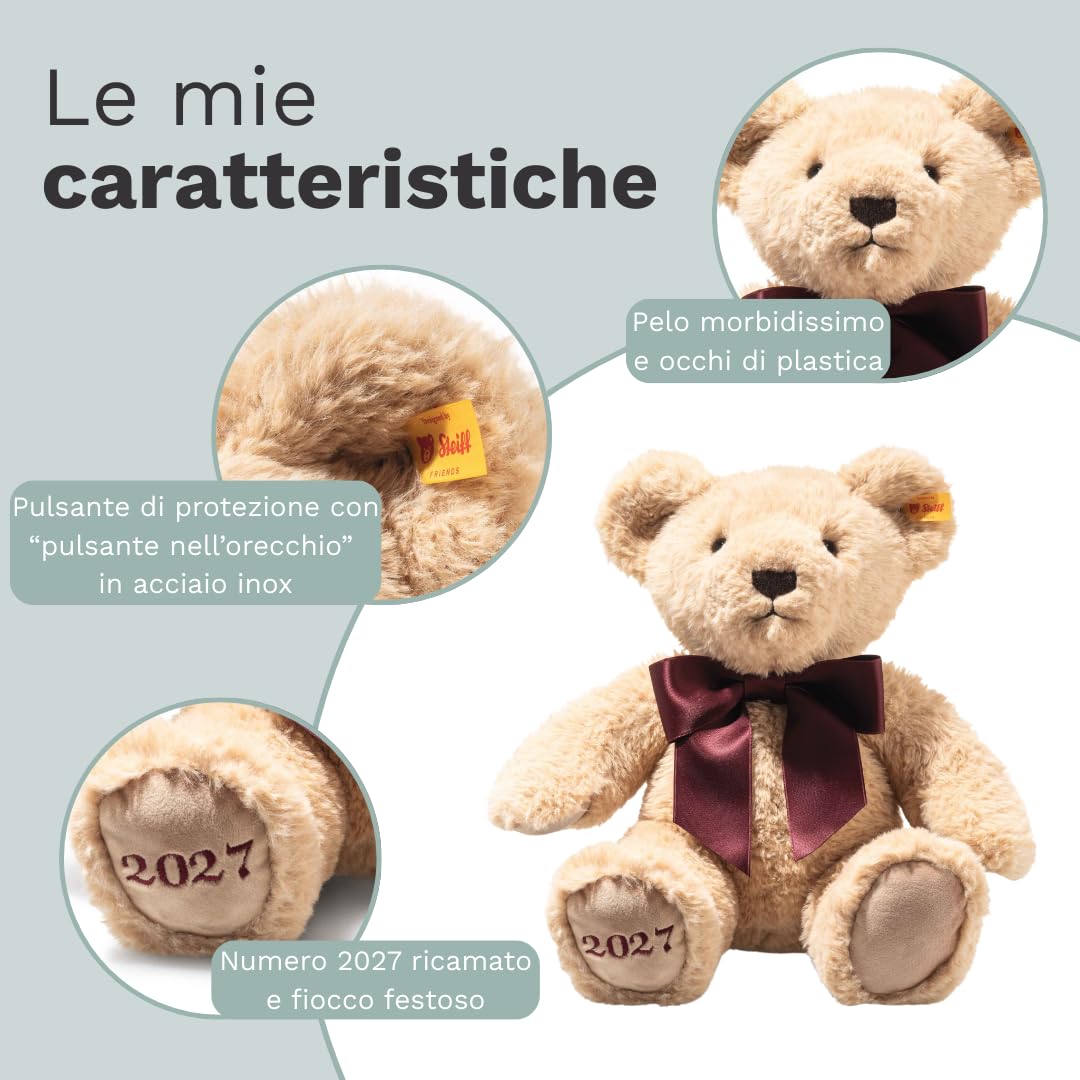 Steiff Peluche Orso dell’Anno Cosy 2027, dolce animale di stoffa per bambini, ragazzi e ragazze, Friends, pupazzo di 33 cm, beige, 114120