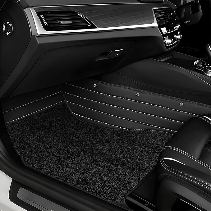 Image of Premium 12D Car Foot Mat for Mahindra Thar (2015-2019) | Luxury Leather | Double Layered | Waterproof and Washable | Custom Fit | Detachable Grass Mat | Black and Silver