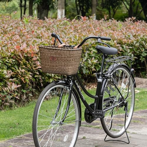KONG MING CAR Fahrradkorb – Retro Design, Robuster Lenkerkorb aus Rattan mit Holzunterlage & Lederträgern, ideal als Fahrradkorb vorne (Dunkelbraun)