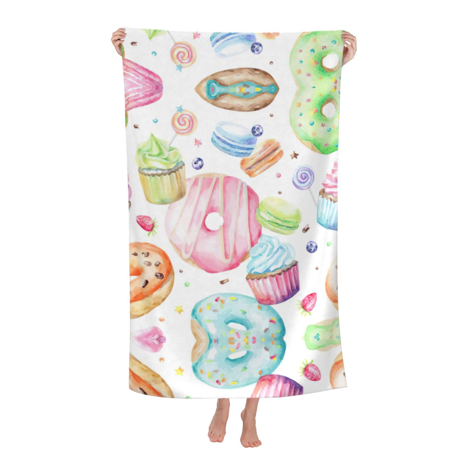 Oazcvbnn Women's White Cupcakes Donuts Muffins Sugar Print Adult Beach Towel Summer Travel Pool Vacation Swimming Fitness Outdoor Adventures