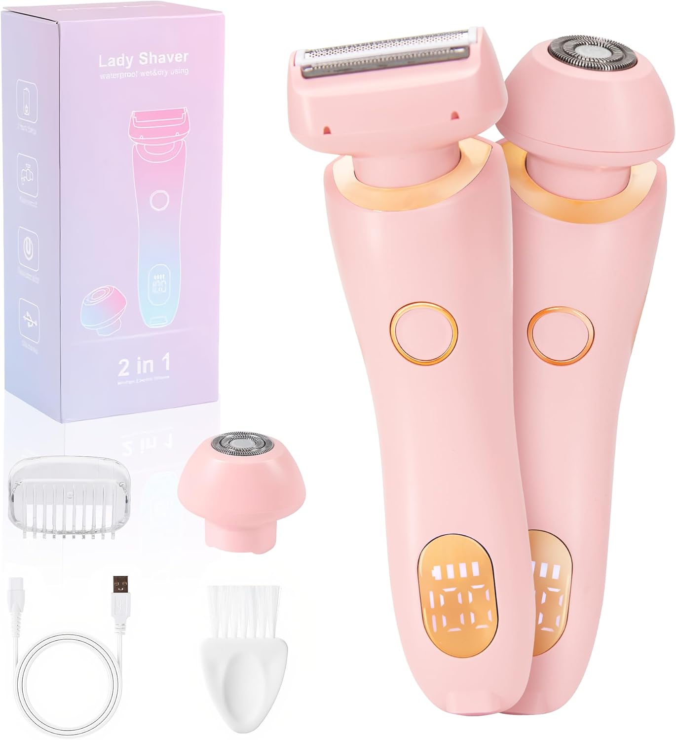 Women Intimate Shaver, Body Groomer Dual Head Bikini Trimmer 2 in 1 Electric Razors Cordless Dry/Wet Use for Pubic Hair, Armpit, Facial Hair Painless Removal Waterproof Rechargeable, for Underarm Leg