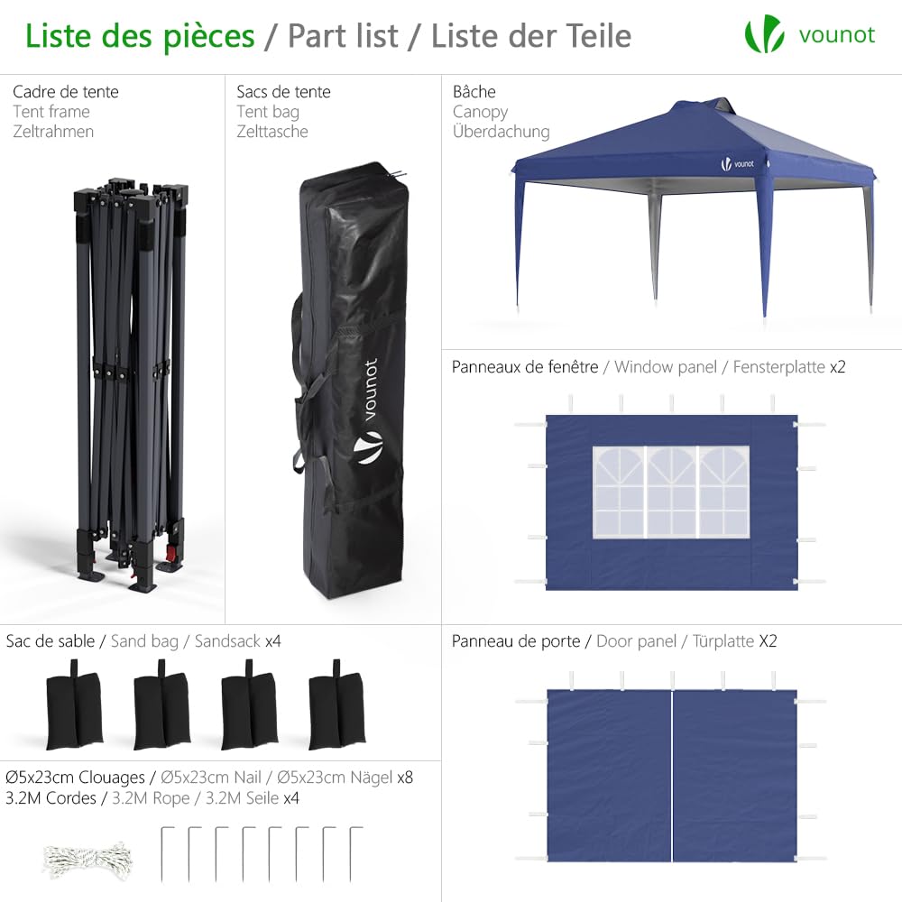 VOUNOT® Carpa Plegable Gazebo 3x3m Botón Central, Cenador Pabellón de Jardín con Paredes Laterales, Sacos Arena y Bolsa de Transporte, Pérgola Tienda Protección UV para Camping Fiestas Exterior, Azul