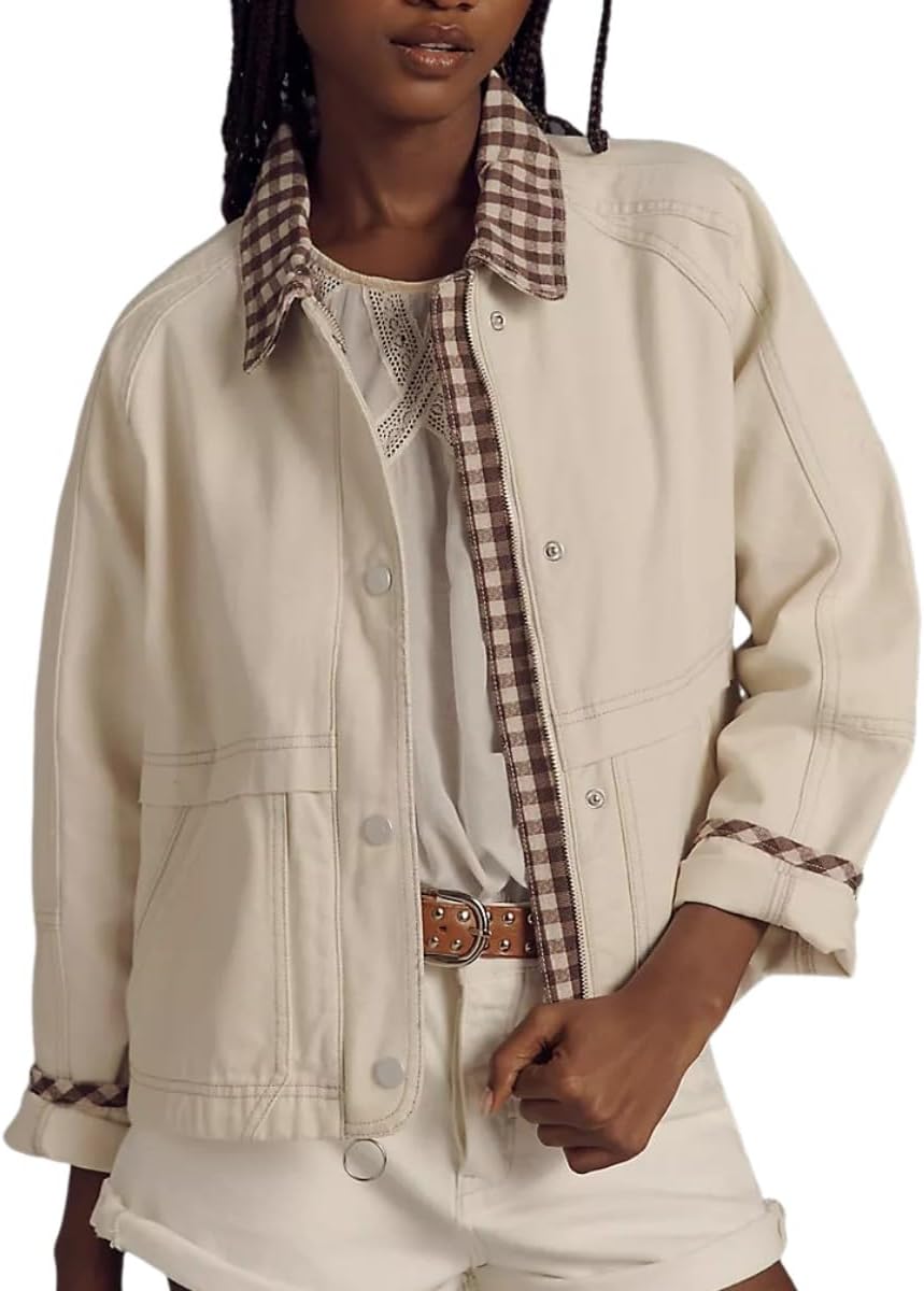 VAOYIU Women Casual Button Front Jacket Loose Plaid Cuffs Collar Trendy Coat with Pockets Spring Autumn Wear