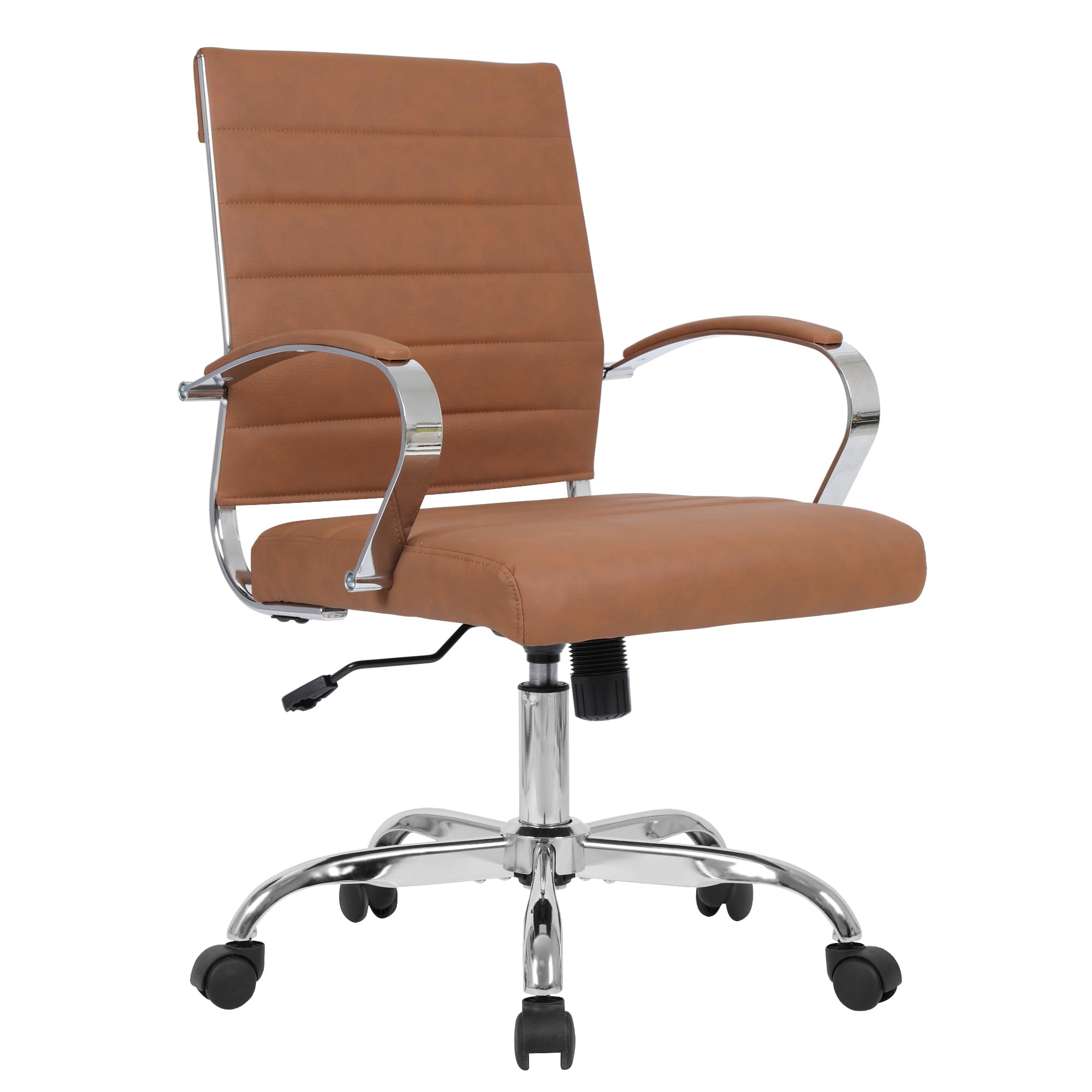 LANDSUN Home Office Chair Mid Back Desk Chair PU Leather Ribbed Executive Swivel Computer Chair with Wheels and Armrests Soft Padded Adjustable Height Conference Task Brown