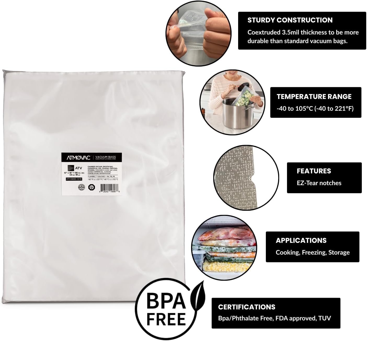 ATVSB Channeled Vacuum Sealer Bags for Sous Vide 12" x 16" – 100 Bags – -40°F to 221°F – For Chamber & External Sealers – BPA-Free Food Storage