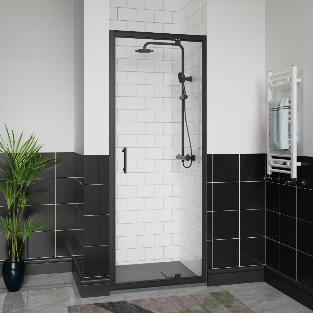 Aquariss Matte Black 900X700mm Black Pivot Alloy Hinge Shower Door Enclosure With 700Mm Clear Self Clean 6Mm Shower Door Screen, Anthracite Smc Anti Slip Shower Tray And 90Mm Waste