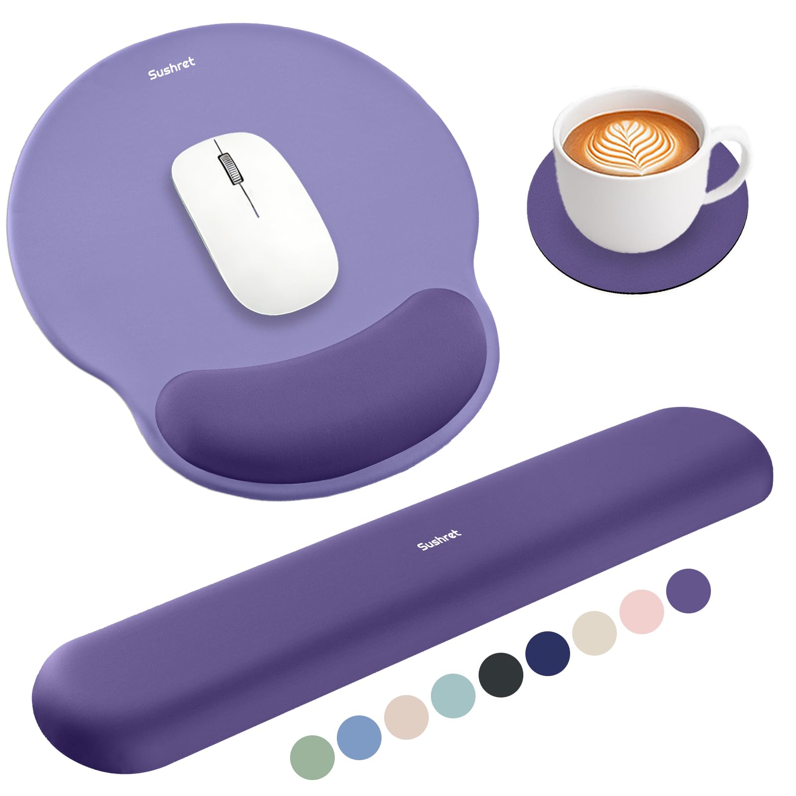 Sushret Mouse Mat and Keyboard Wrist Rest Set, 3-in-1 Gel Memory Foam Ergonomic Mouse Pad with Wrist Support, Gaming Mousepad Arm Cushion for Computer Office Desk Accessories Cute Setup,Purple