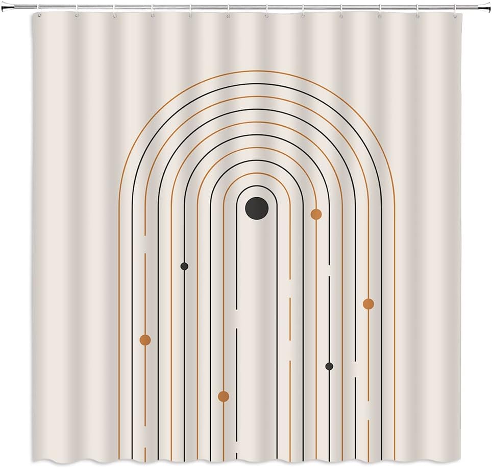Mid Century Shower Curtain Abstract Sun Lines Modern Aesthetic Boho Minimalistic Retro Neutral Contemporary Art Bathroom Decor Fabric Set with Hooks(78" Wx70 H)
