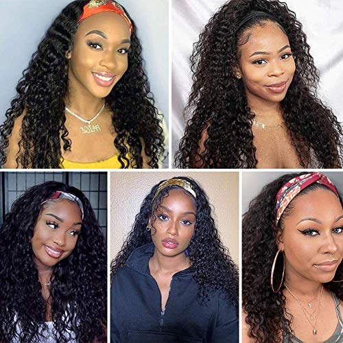 Image of XSY Headband Wig Human Hair Deep Wave 20 Inch Curly Headband Half Wigs for Black Women 10A Brazilian Virgin Glueless Wear Go Wigs 150% Density Natural Black Color