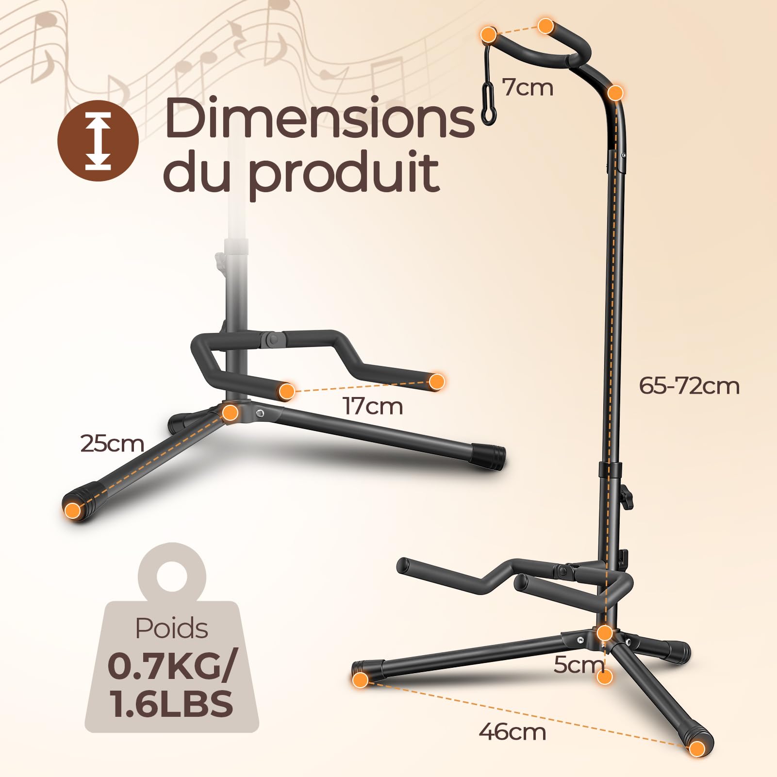 GLEAM Support pour guitare - Ajustable pour guitares électriques, classiques et basses, Capacité de charge : 9 kg, Accessoires, Type pliable Noir (CG-4)