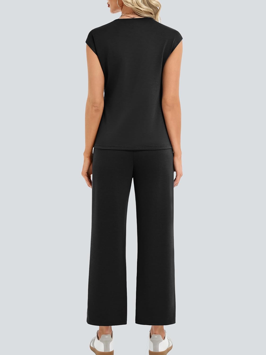 Casly Lamiit 2 Piece Set for Women Summer Casual Cap Sleeve Top with Belted Tie Crop Wide Leg Pants Travel Airport Outfit - Image 4