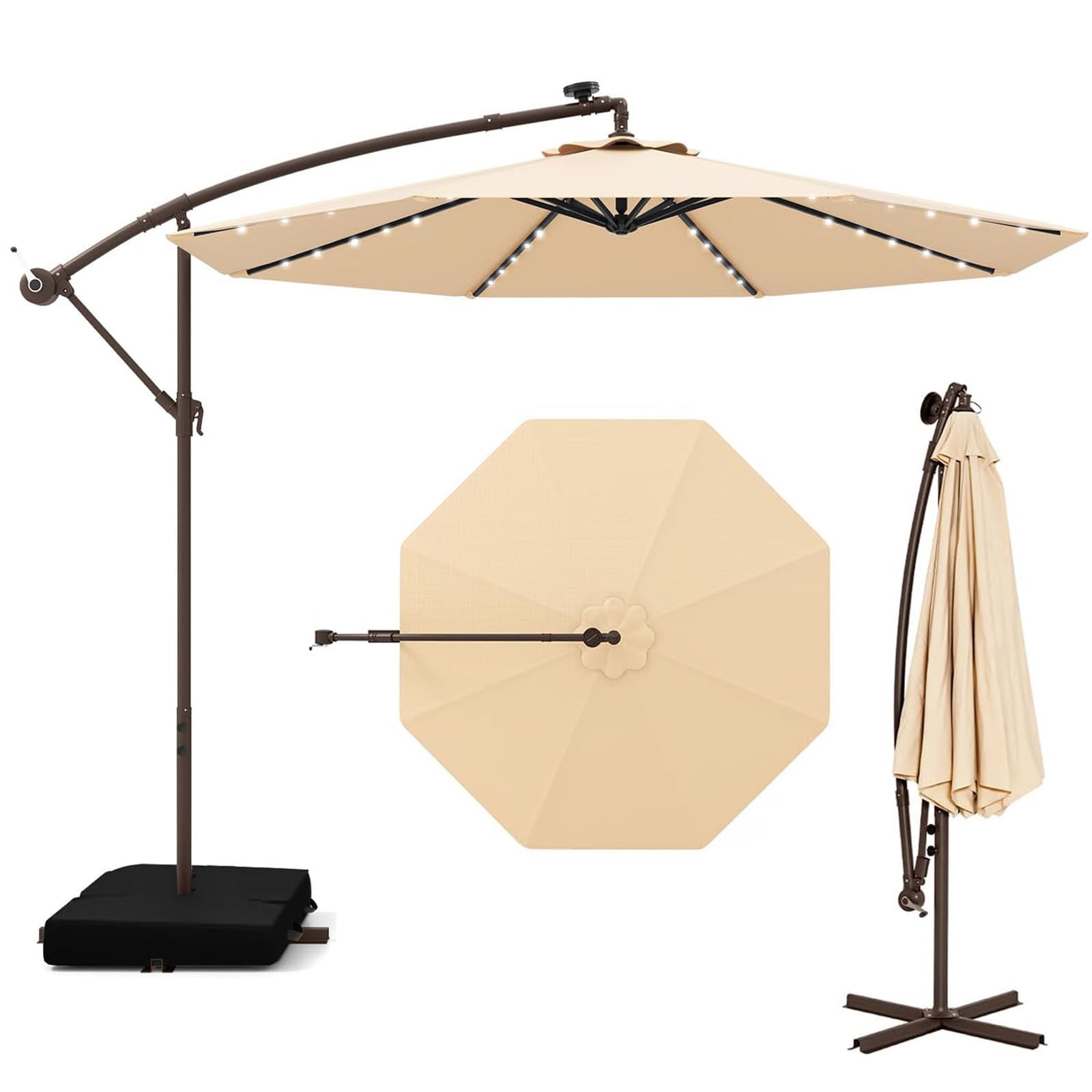 RELAX4LIFE Ombrellone da Giardino 3x3M con Luci a LED, Ombrellone da Balcone con Base a Croce e Sacco di Sabbia, Protezione Solare