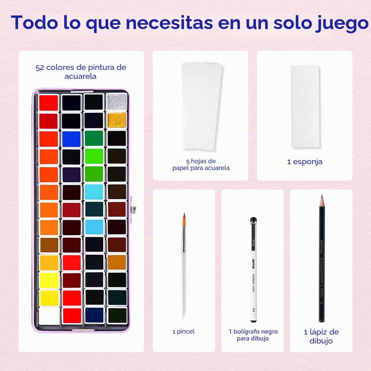 MeiLiang - Juego de acuarela de viaje, pintura de acuarela de 52 colores con 1 lápiz de dibujo, 1 pincel, 5 papeles de acuarela, 1 esponja y 1 bolígrafo de dibujo negro, juego de pintura de colores de