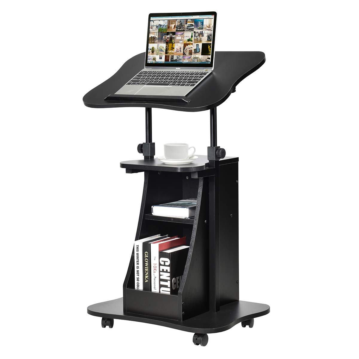 COSTWAY Mesa para Ordenador Portátil Altura Ajustable con Ruedas y Estante Carro para Computadora para Oficina Hogar Negro