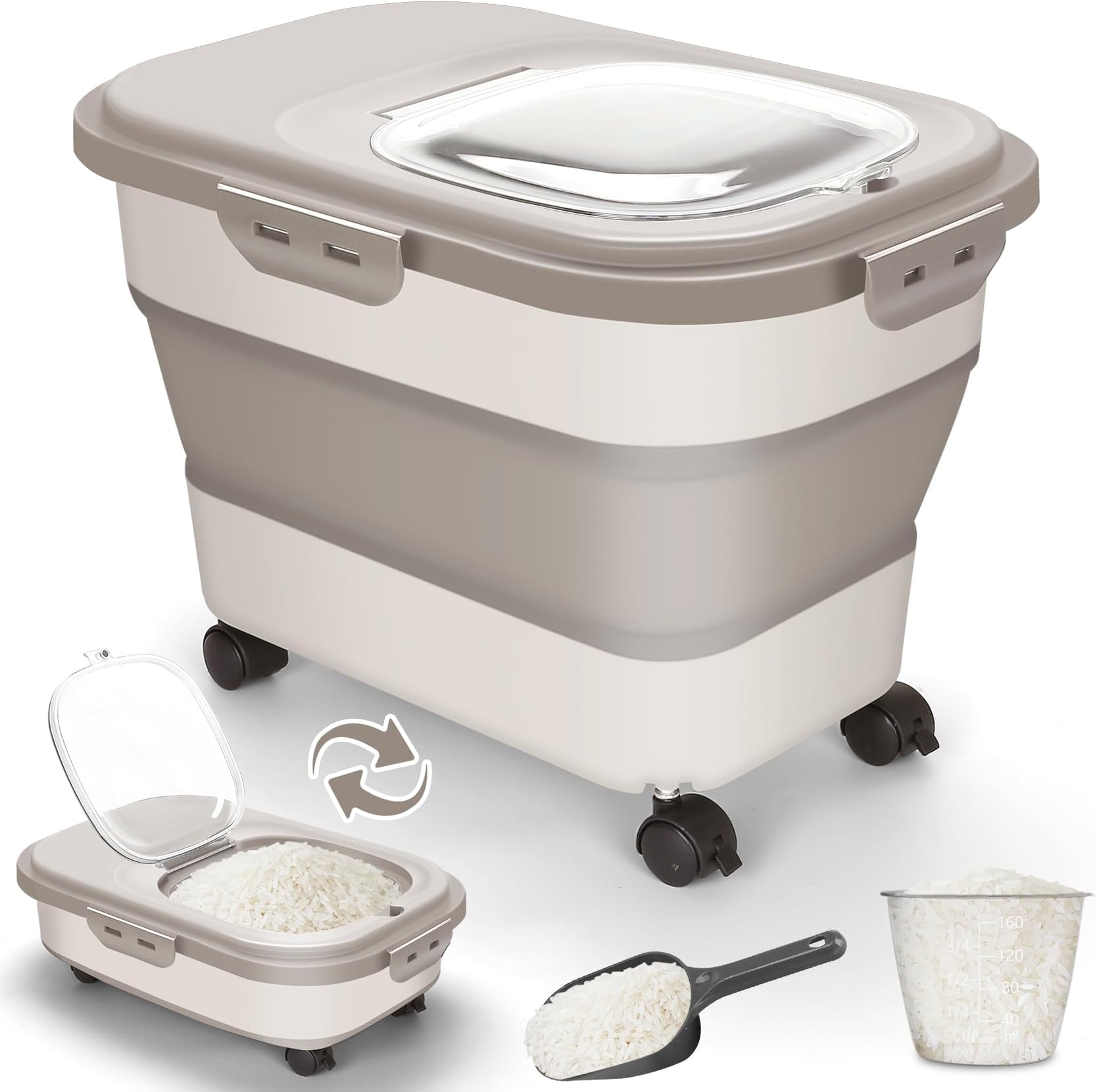 Dog Food Storage Container, 20Lbs Airtight Rice Flour Container, Large Pet Cat Food Storage Dispenser Bin with Rolling Wheels, Scoop & Measuring Cup, Collapsible Kitchen Cereal Dry Food Holder (Khaki)