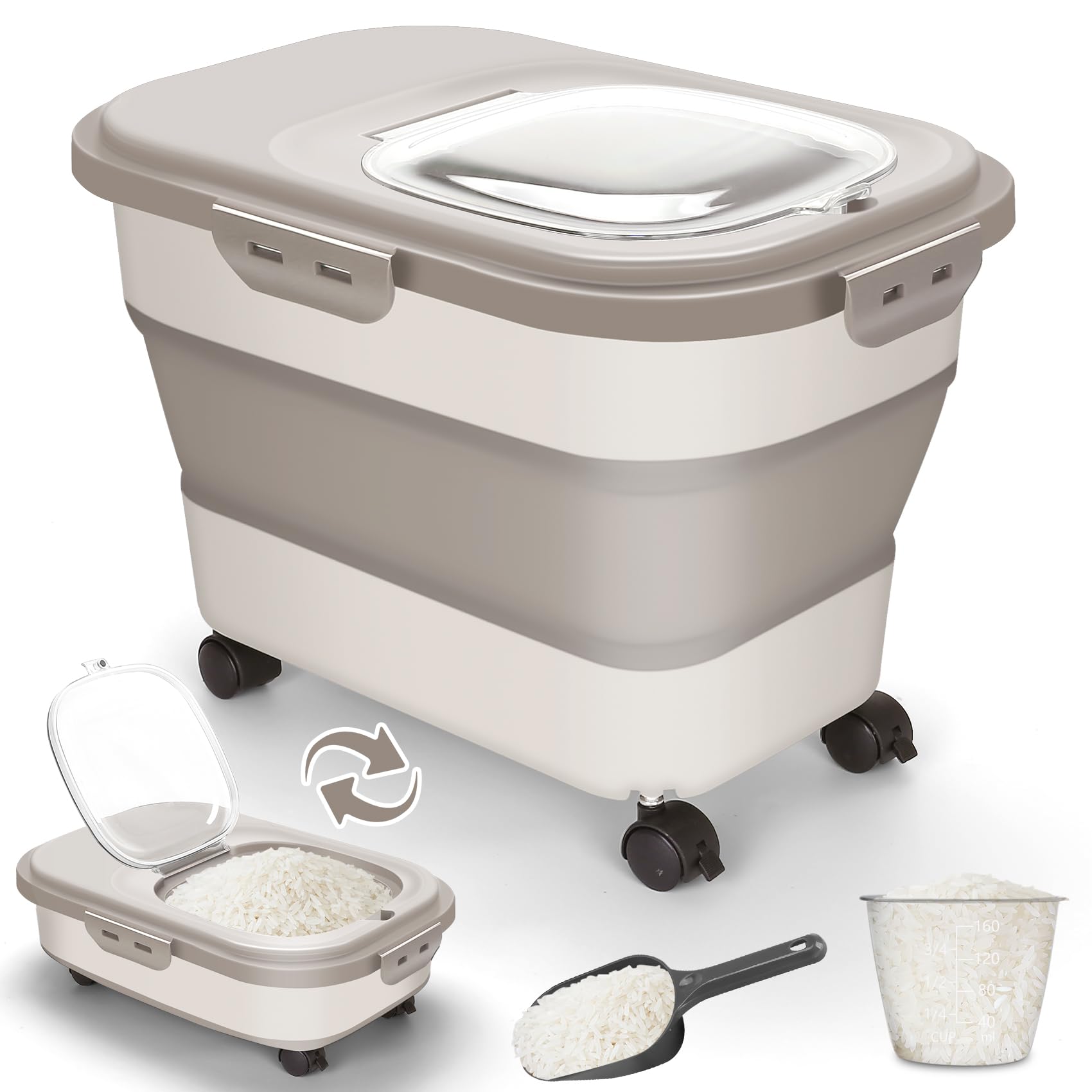 Dog Food Storage Container, 20Lbs Airtight Rice Flour Container, Large Pet Cat Food Storage Dispenser Bin with Rolling Wheels, Scoop & Measuring Cup, Collapsible Kitchen Cereal Dry Food Holder (Khaki)