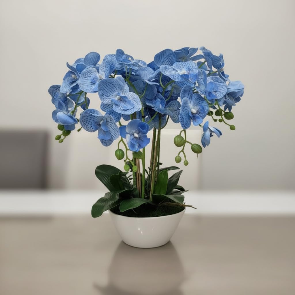 Premium Artificial Phalaenopsis Orchid in Pot - Lifelike Faux Flower Arrangement for Home Decor, Office & Centerpiece - Available in Blue & Red. (Sky Blue)