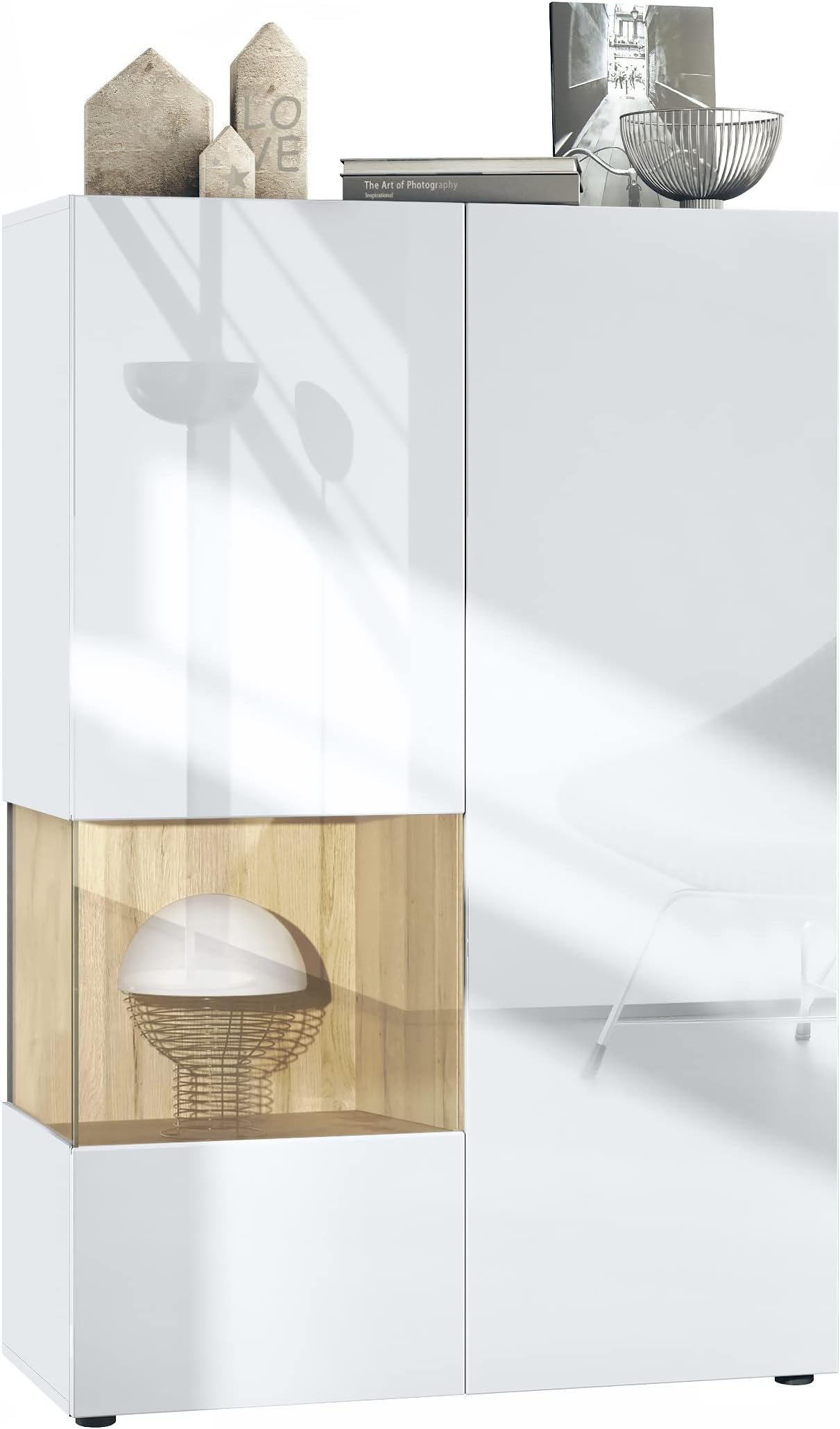 Vladon display cabinet Morena V2, floor-standing showcase with 2 doors and glass insert, carcass white matt, fronts white high gloss, Cube oak nature