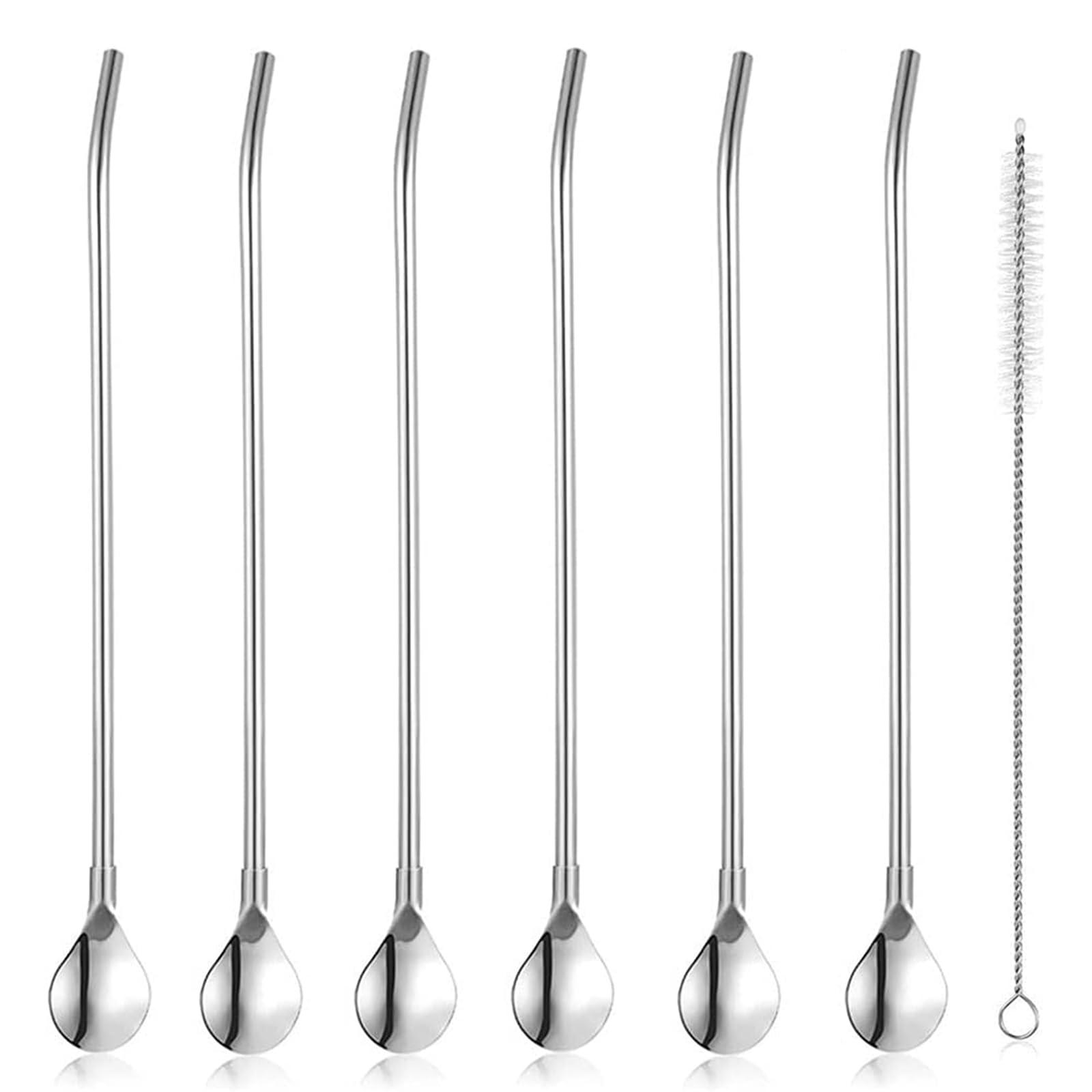 Yala Stainless Steel 304 Drinking Spoon Straws-Silver Spoons Straw Bar Spoons Handle with Straw-21cm Filter Loose Leaf Tea Infuser Barware Strainer Stirring Straws (Pack of 6 Smooth Straw Spoon)