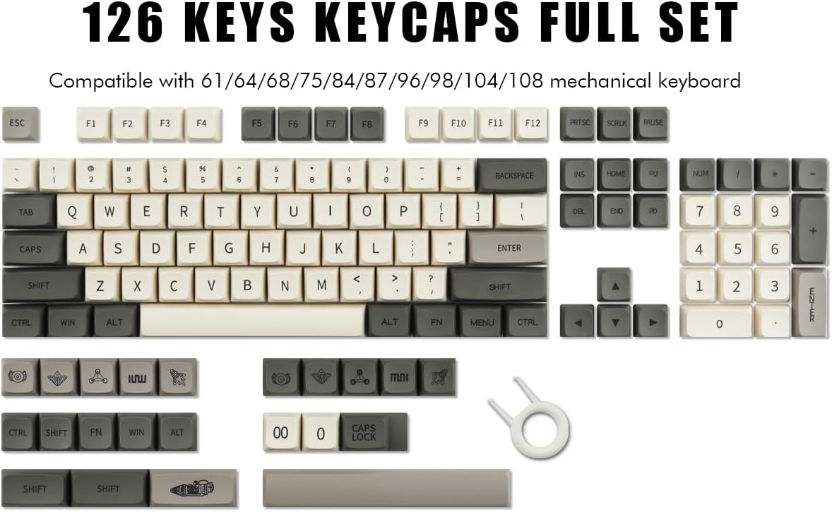 Hyekit PBT Keycaps - XDA Profile, 124 Key Retro Grey Set, Dye-Sublimated for Cherry Gateron MX Switches 100%, 75%, 65%, 60% Mechanical Keyboards
